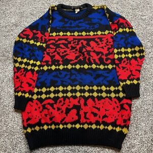 Jonathan Cass Sweater Mens Medium Vintage 80s Knit Pullover Bold Pattern Retro